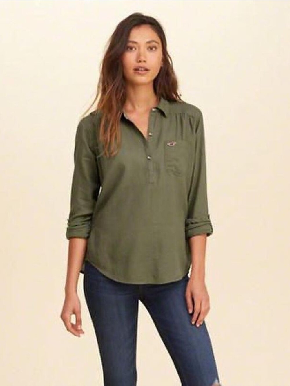 Hollister, Size M, Army Green Summer Top Blouse, Rollup Sleeves, EXCELLENT